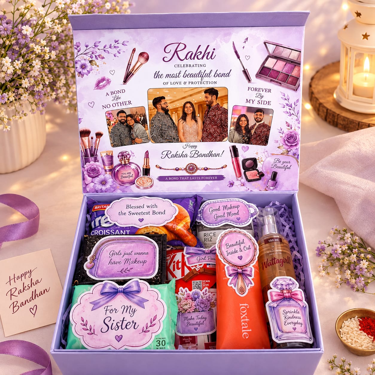 Rakhi Gift Box for Sister with Beauty Essentials and Chocolates