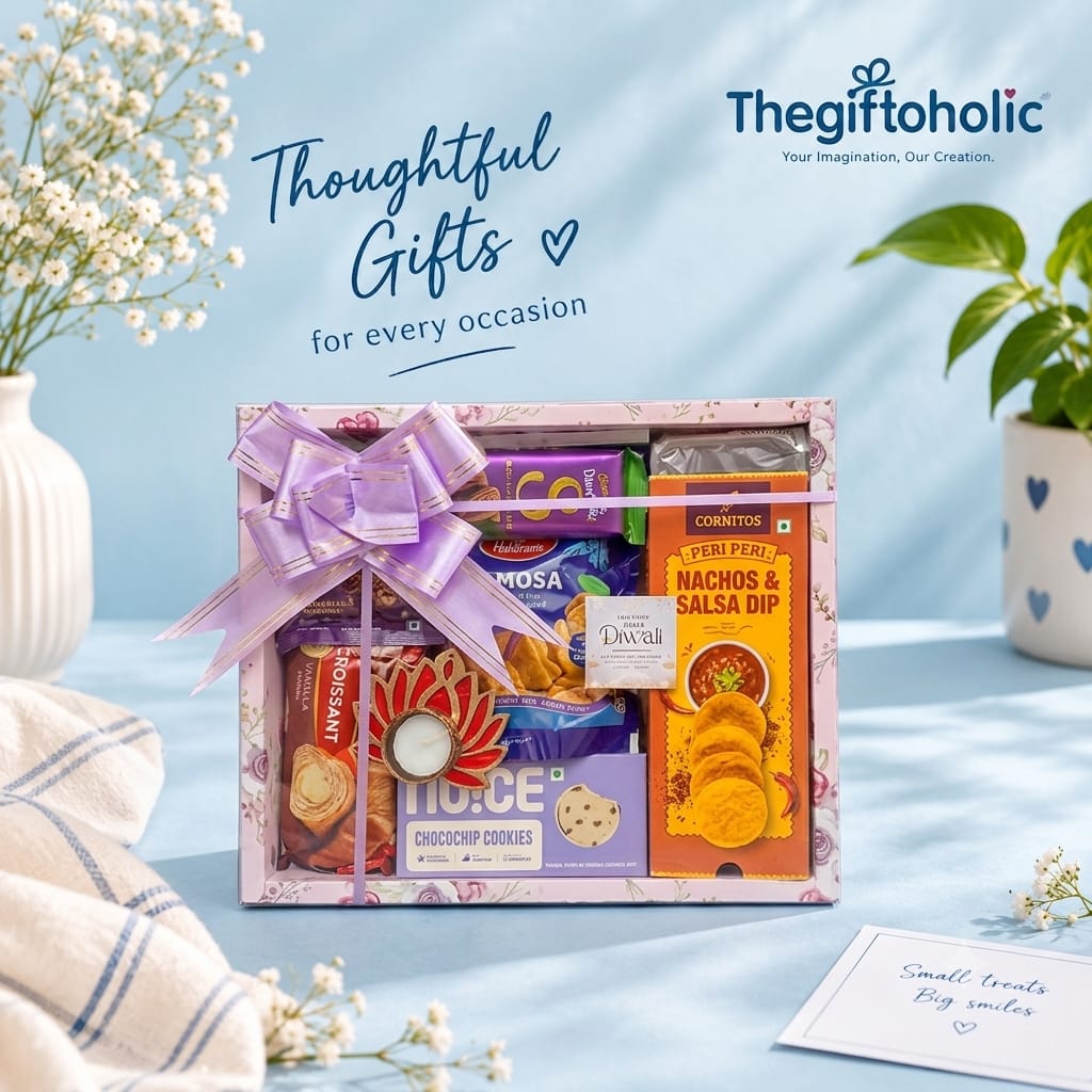 Diwali Snacks Gift Hamper with Chocolates Cookies Brownie Croissant and Tea Light Holder