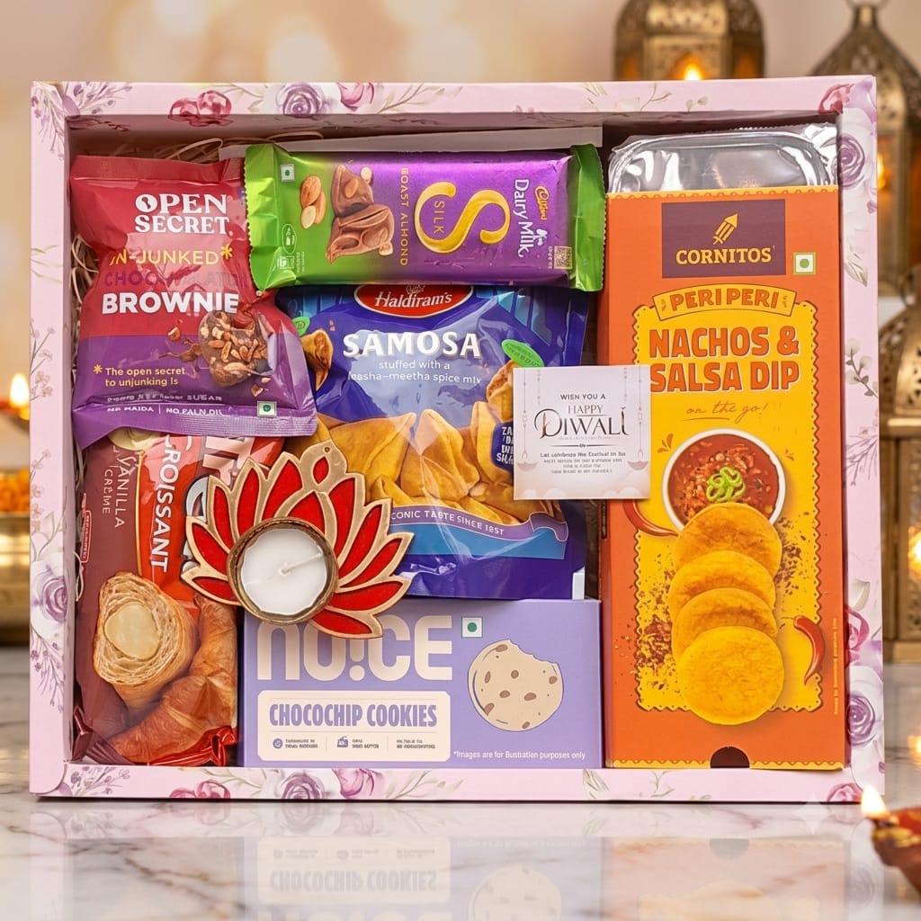 Diwali Snacks Gift Hamper with Chocolates Cookies Brownie Croissant and Tea Light Holder